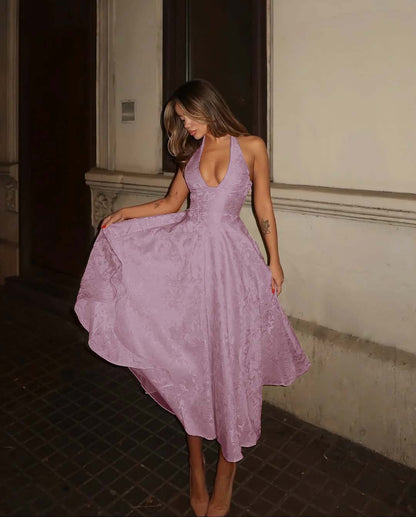 Glamorous Satin Halter Deep V-Neck Strapless Sleeveless Long A-Line Prom Dress