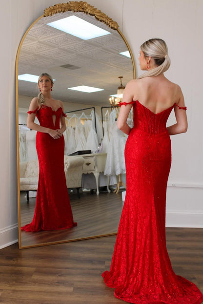 Mermaid Off the Shoulder Red Lace Long Prom Dress