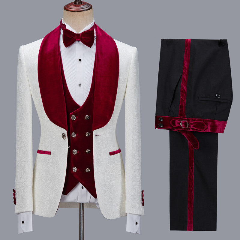 Nathanael White Jacquard Three Pieces Wedding Groom Men's Suits