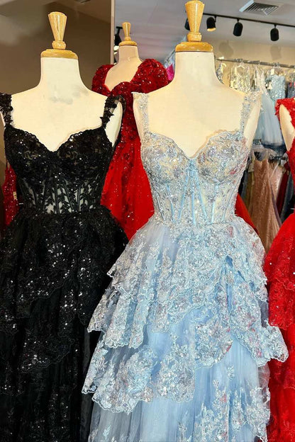 Fairytale Sequin-Embroidery Off-the-Shoulder Tiered Long Prom Dress with Slit