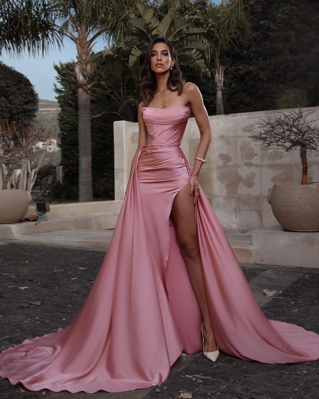 Pink Strapless Prom Dress with Sleeveless High Slit