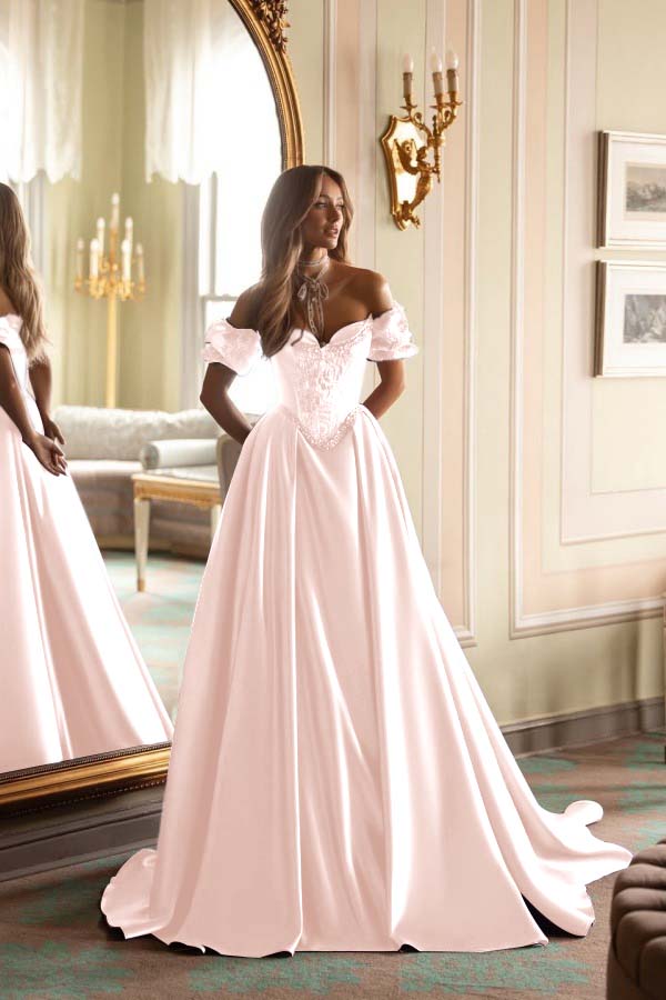 Short Sleeves Long A-Line Prom Dress With Embroidered And Pleated