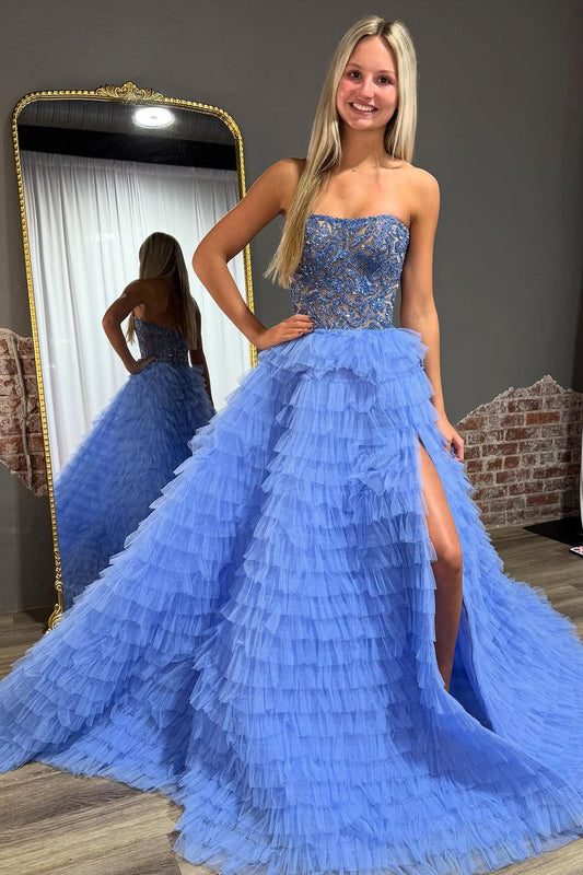 Gorgeous Ball Gown Strapless Blue Tiered Tulle Prom Dress