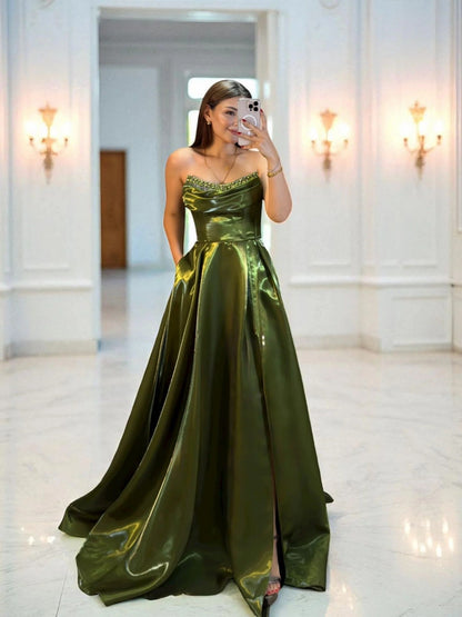 Shiny Satin Beaded Corset Formal Evening Gown