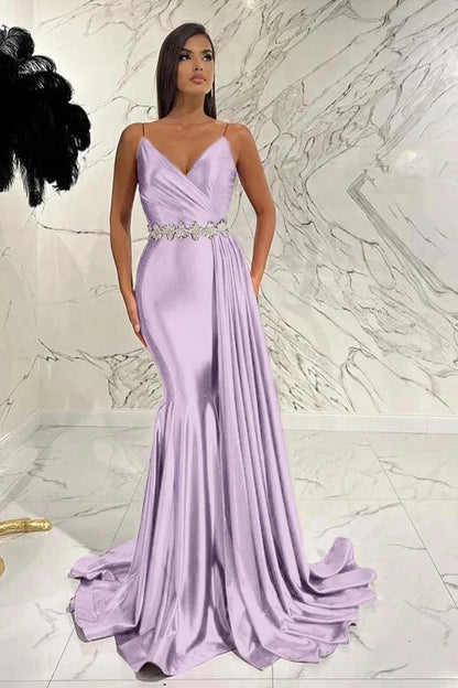 Elegant Red Spaghetti-Straps Deep V-Neck Mermaid Evening Dress With Belt Ruffles ED0472