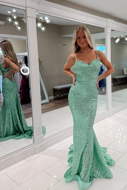 Cute Mermaid Sweetheart Mint Green Sequins Long Prom Dress