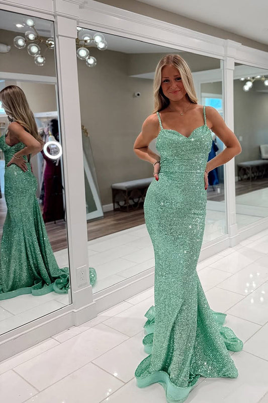 Cute Mermaid Sweetheart Mint Green Sequins Long Prom Dress