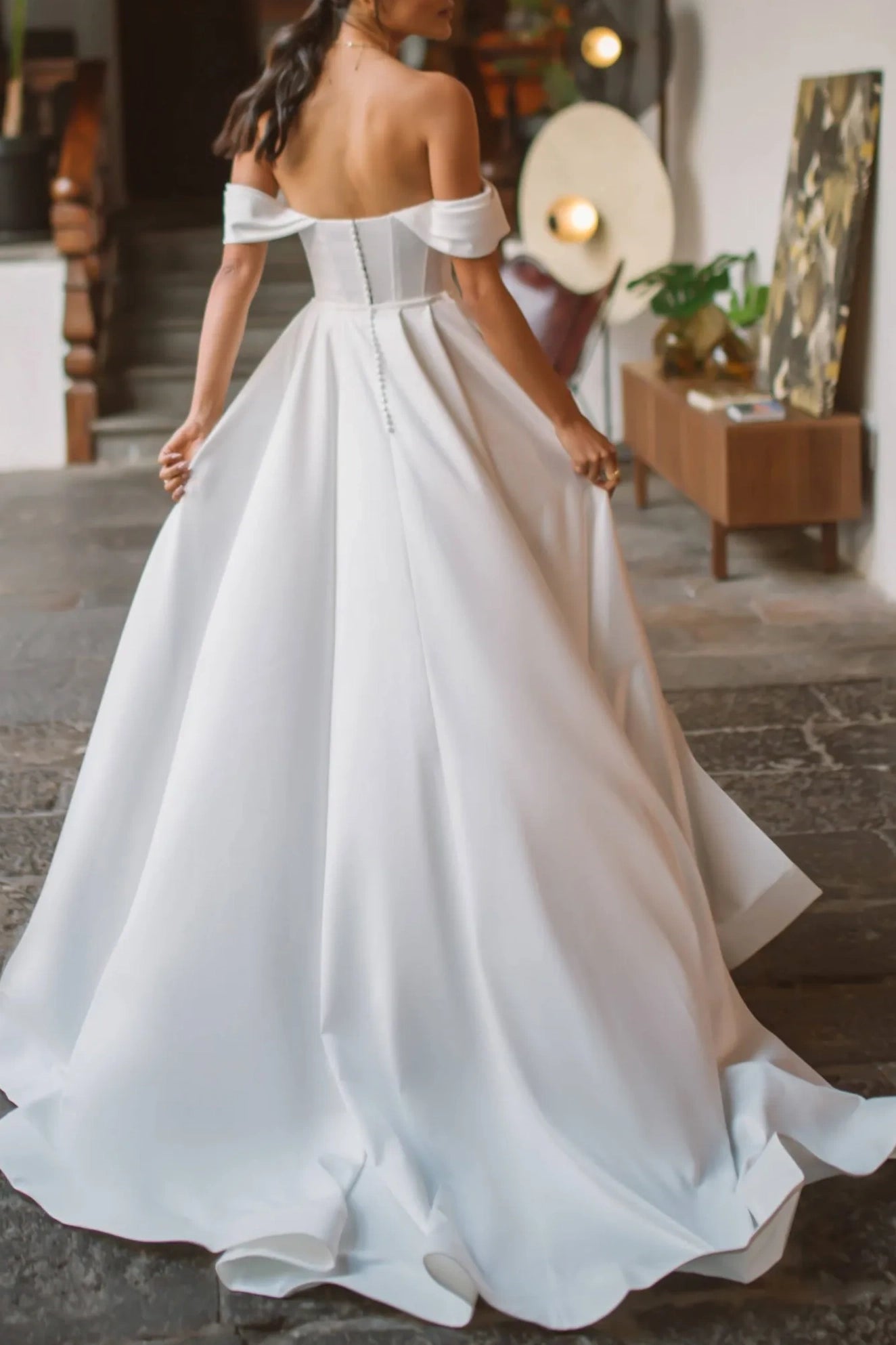 Off-Shoulder Sweetheart Satin Wedding Dress