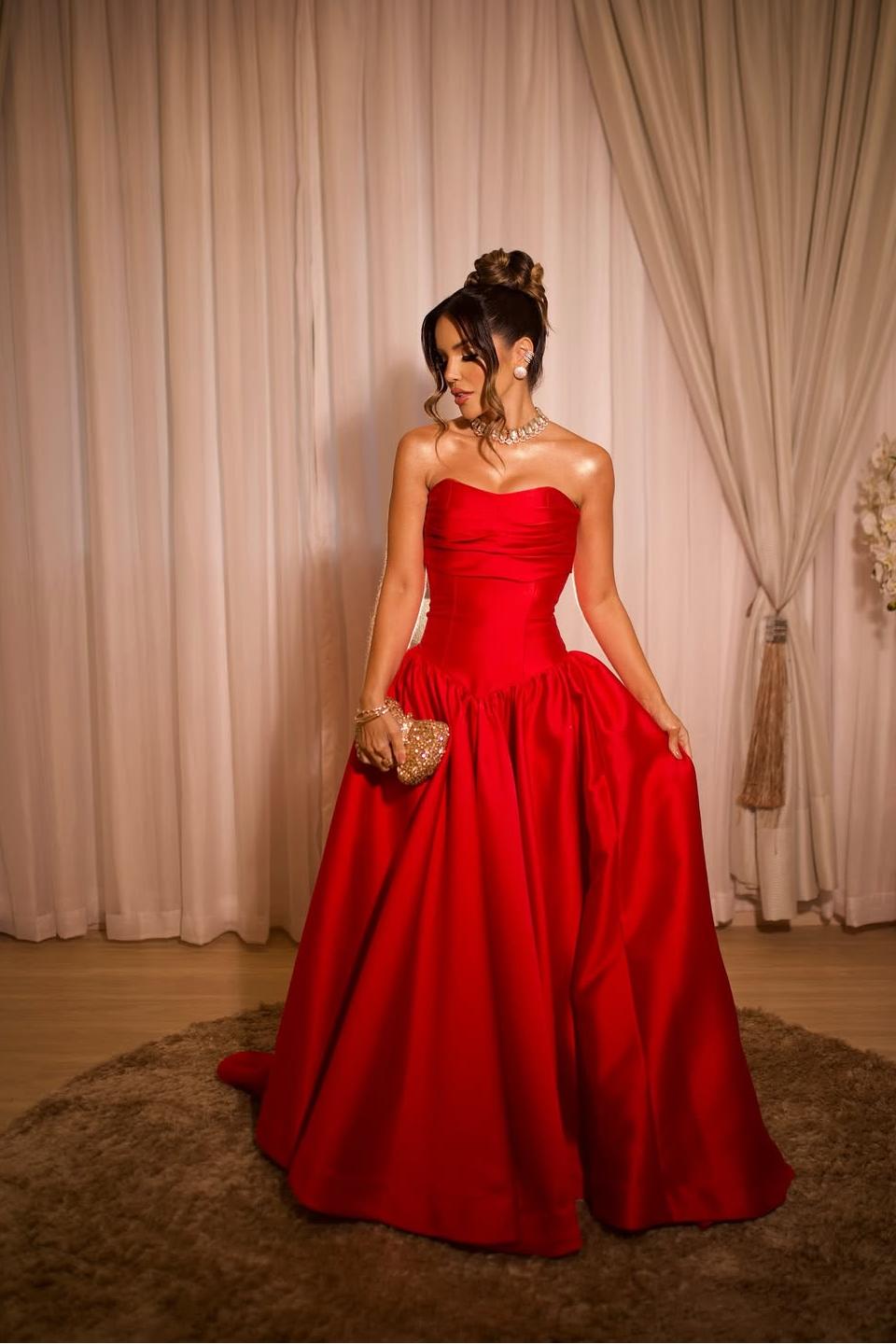 Red Satin Strapless Sleeveless Long Pleated A-Line Prom Dress With Corset