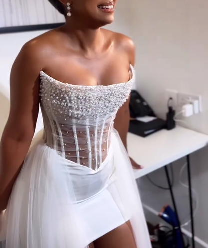 Short Strapless Pearls Beading Wedding Dress with Overskirt