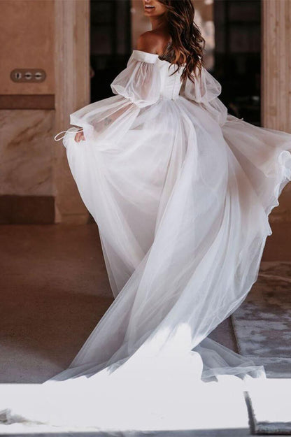 Off-Shoulder Long-Puff-Sleeves Tulle Floor-Length Wedding Dress