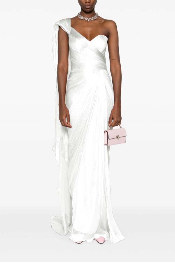 Asymmetric Neck One Shoulder Sleeveless Long Pleated Mermaid Prom Dress With Ruffles