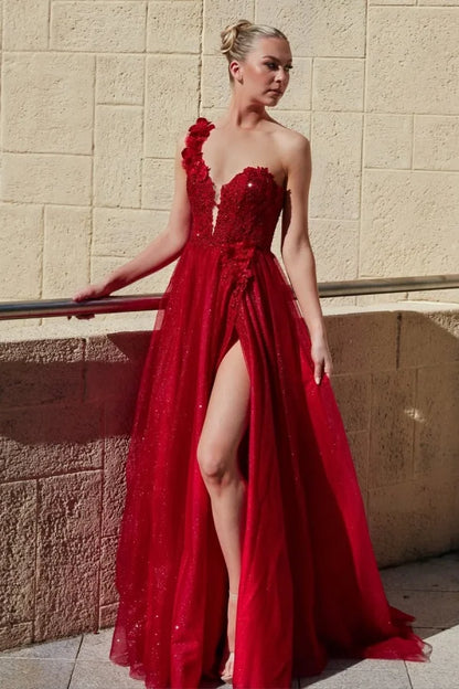 Red One-Shoulder Split Glittery Appliques Prom Dress