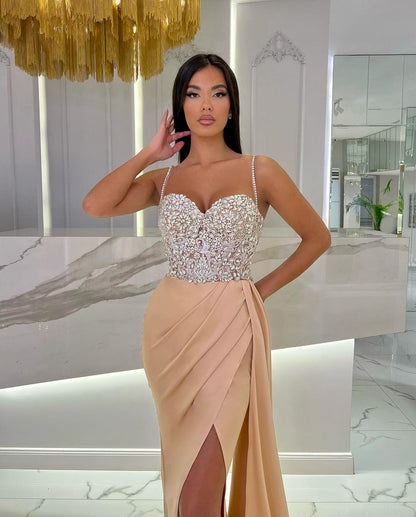 Spaghetti Straps Prom Dress Sweetheart Rhinestones with High Slit