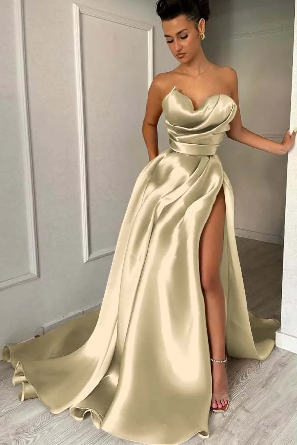 Chic Strapless Split Pleated Prom Dress