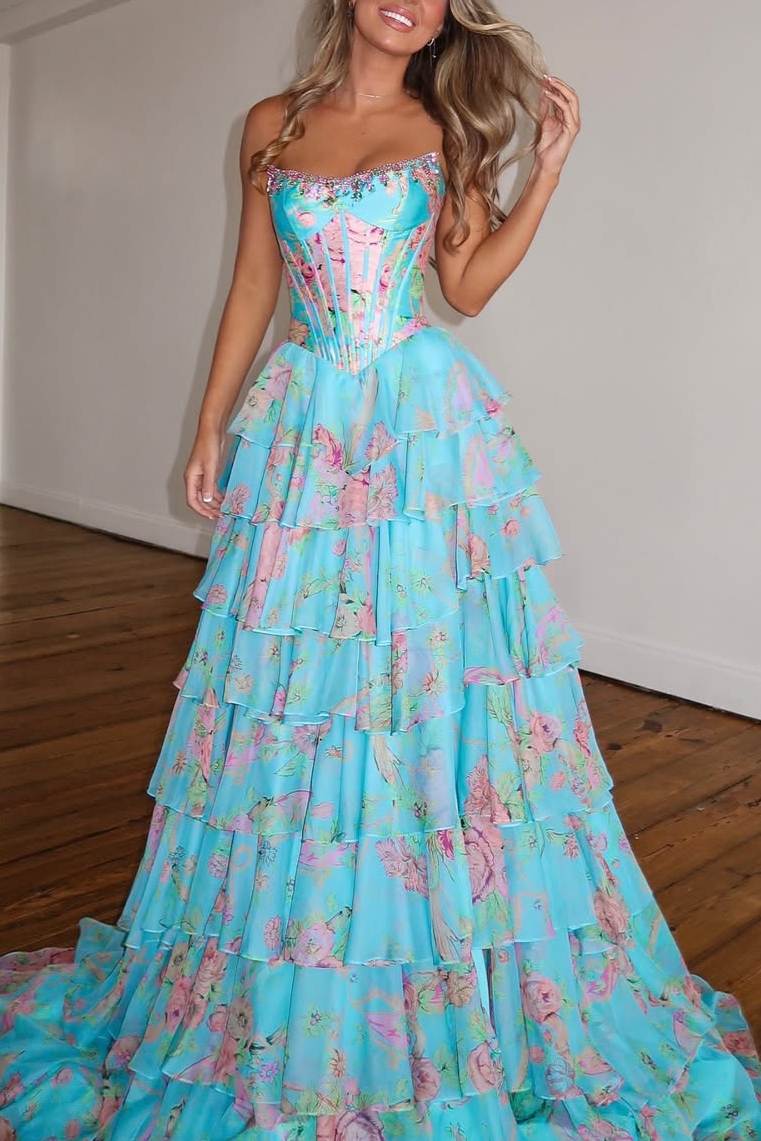 Charming A-Line Strapless Print Ruffles Sleeveless Long Prom Dress