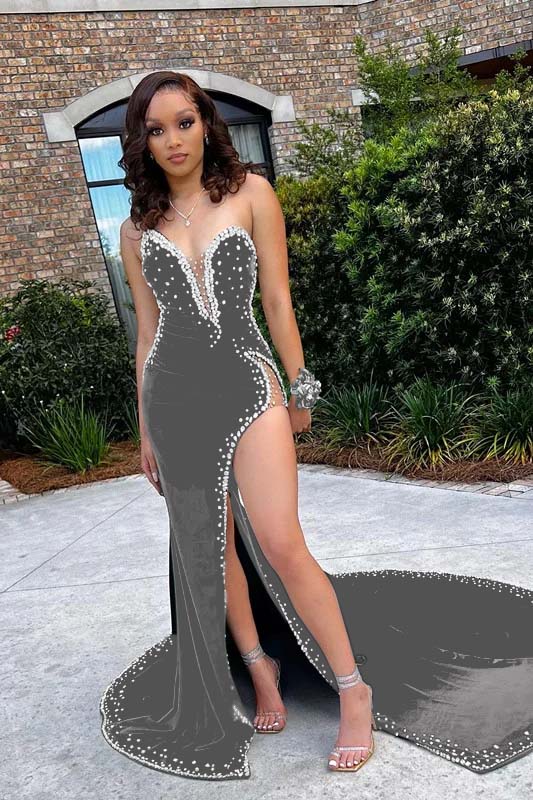 V Neck Appliques Mermaid Prom Dress High Waist Beaded With Split