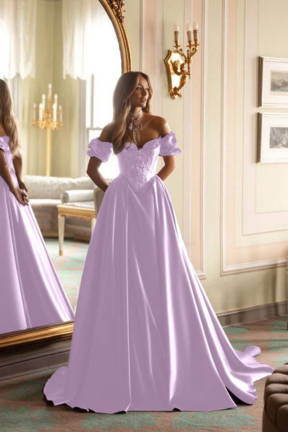 Short Sleeves Long A-Line Prom Dress With Embroidered And Pleated