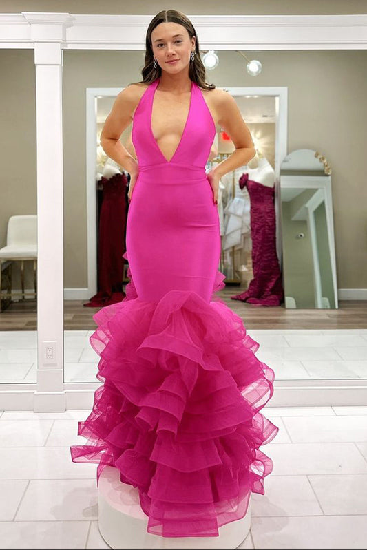 Charming Mermaid V Neck Fuchsia Ruffled Long Prom Dress