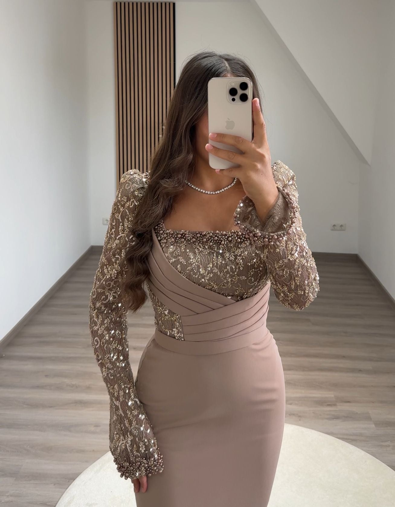 Long Sleeves Sequins Ruched Evening Dress