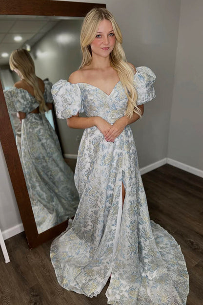 Gorgeous A Line Off the Shoulder Jacquard Satin Long Prom Dress