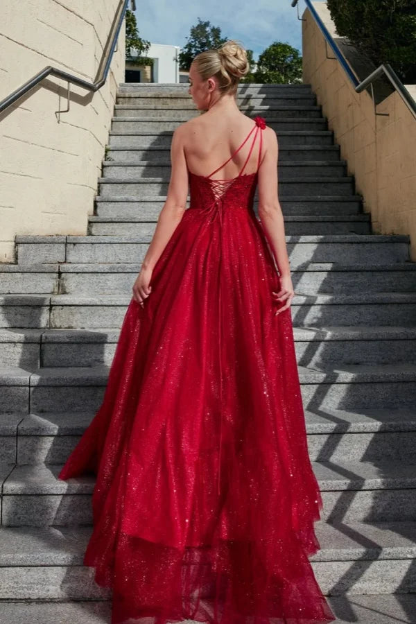 Red One-Shoulder Split Glittery Appliques Prom Dress