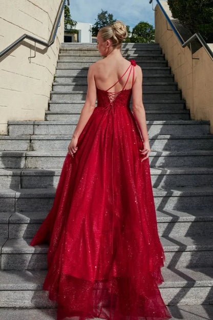 Red One-Shoulder Split Glittery Appliques Prom Dress