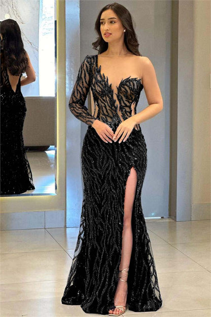 One Shoulder One Long Sleeve Backless Mermaid Split Prom Dress