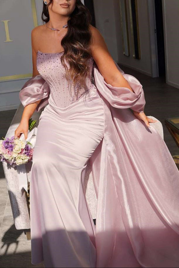 Strapless Mermaid Long Evening Dress With Pearls Pleats Ruffles