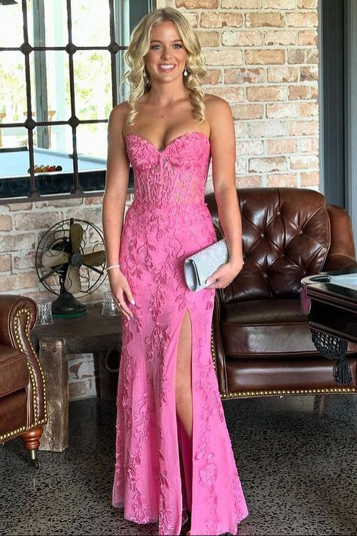 Cute Mermaid Strapless Pink Lace Appliques Long Prom Dress