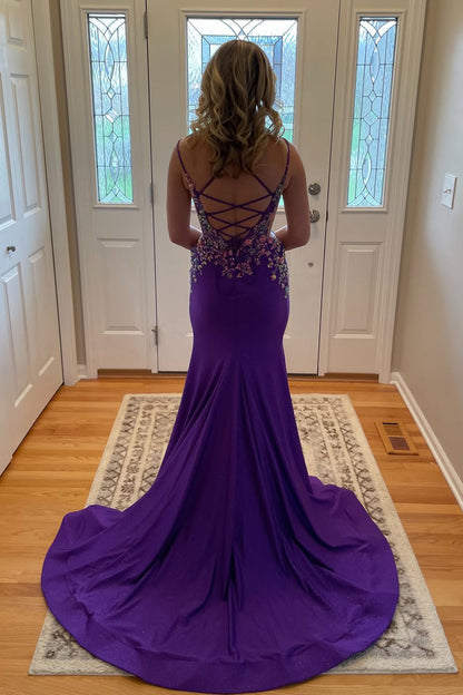 Gorgeous Mermaid V Neck Purple Satin Prom Gown