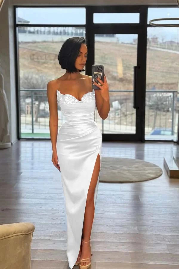 Red Split Sequins Strapless Prom Dress With Puff Sleeves