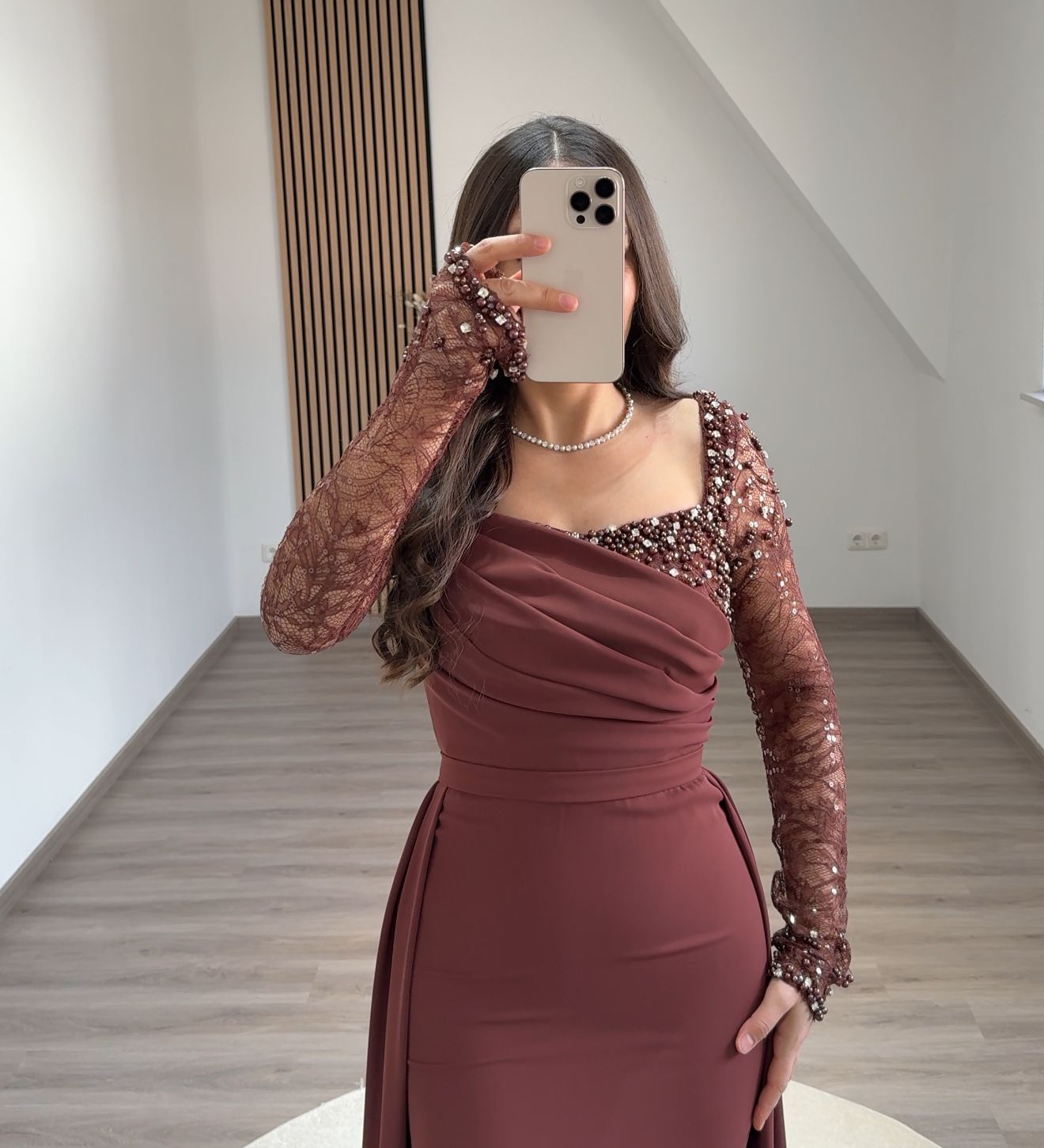 Long Sleeves Empire-Waist Ruched Feathers Formal Evening Dress