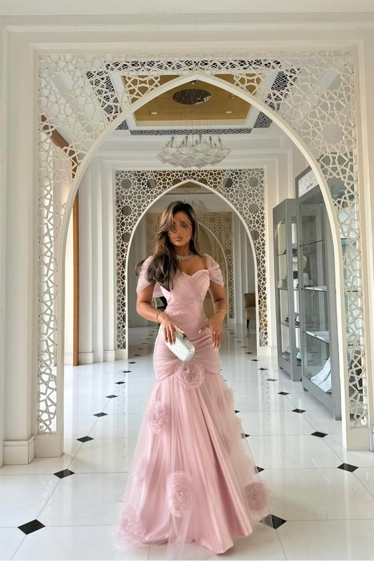 Sweetheart Short Sleeves Long Mermaid Prom Dress With Pleated