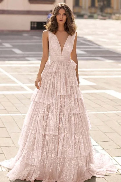 Champagne V-Neck Tulle Stunning Prom Dress ZT0664