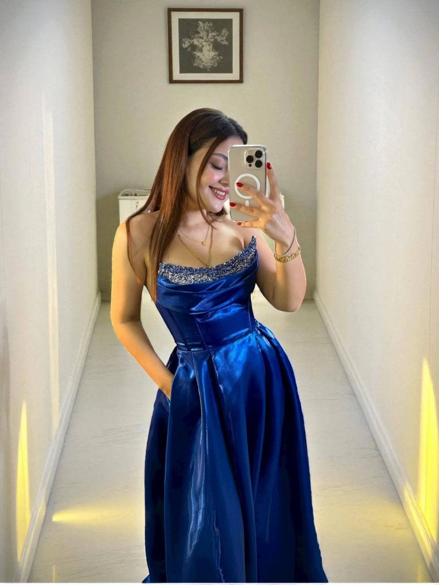 Shiny Satin Beaded Corset Formal Evening Gown