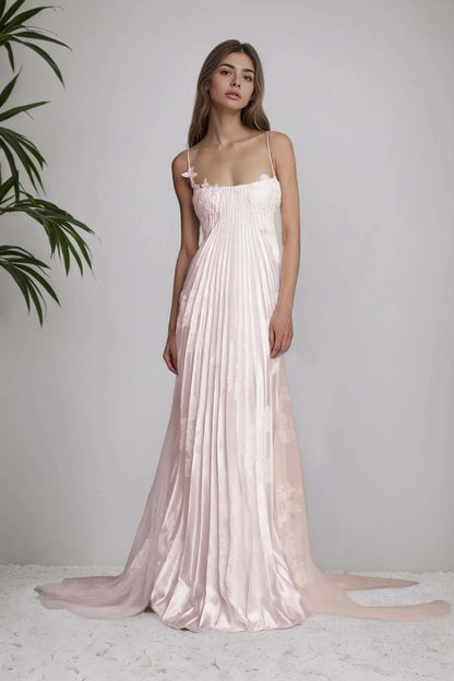 Stunning Spaghetti-Straps Pleated Sheath Appliques Prom Dress With Detachable Train