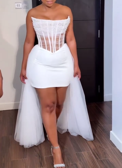 Short Strapless Pearls Beading Wedding Dress with Overskirt