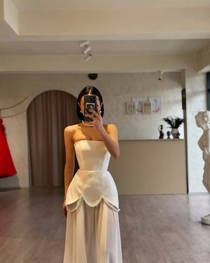 Ivory Strapless Pearls Spliced Prom Dress ZT0685