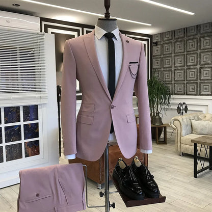 Pink Wedding Suits Outfits Peaked Lapel With 3 Flaps For Men
