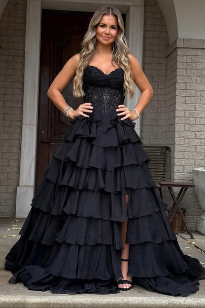 Gorgeous A Line Sweetheart Neck Black Chiffon Tiered Prom Dress
