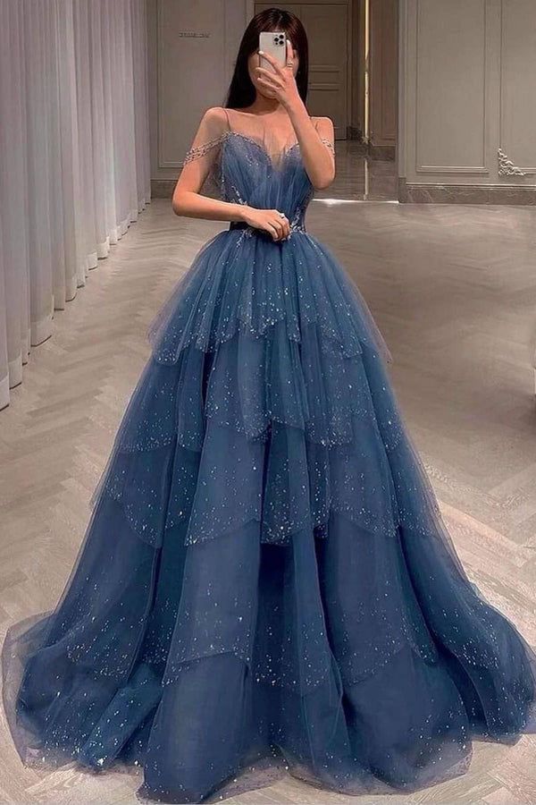 Gorgeous Blue Sparkly Tulle Beaded Prom Dress