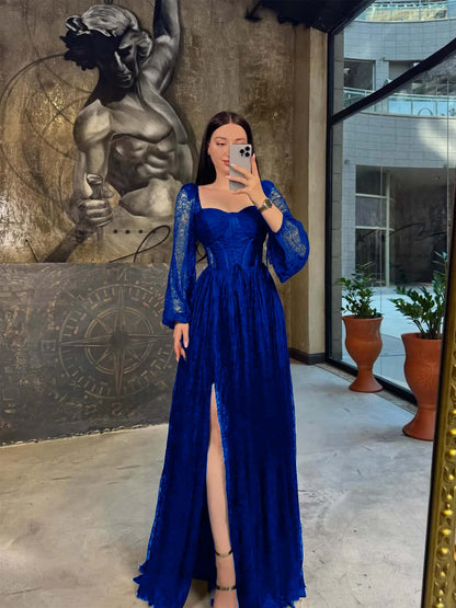 Lantern Long Sleeves Long A-Line Pleated Prom Dress With Split And Corset