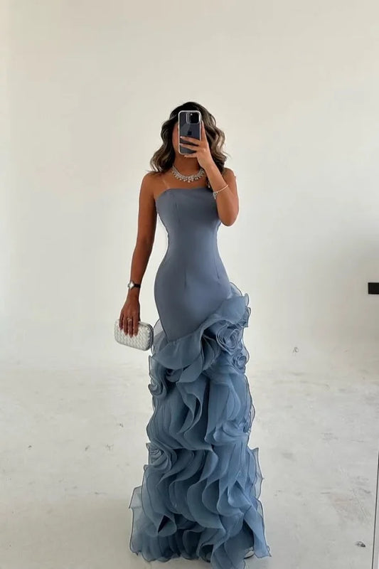 Dusty Blue Strapless Mesh Ruffles Sheath Prom Dress