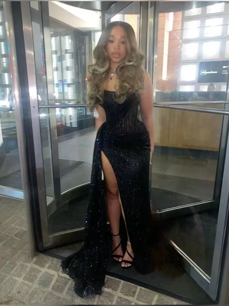Sexy Black Lace Sequin Slit Mermaid Long Prom Dress