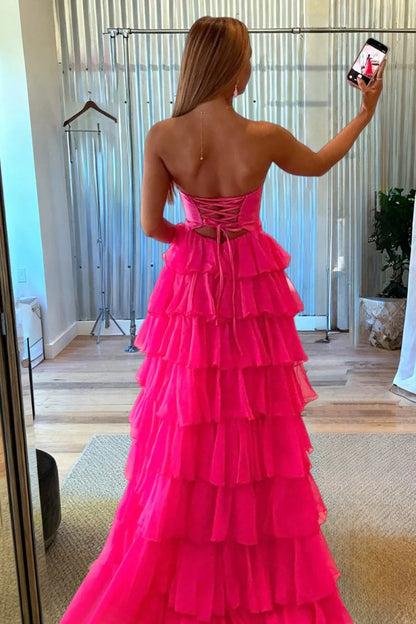 Charming A-Line Sweetheart Fuchsia Ruffle Tiered Long Prom Dress
