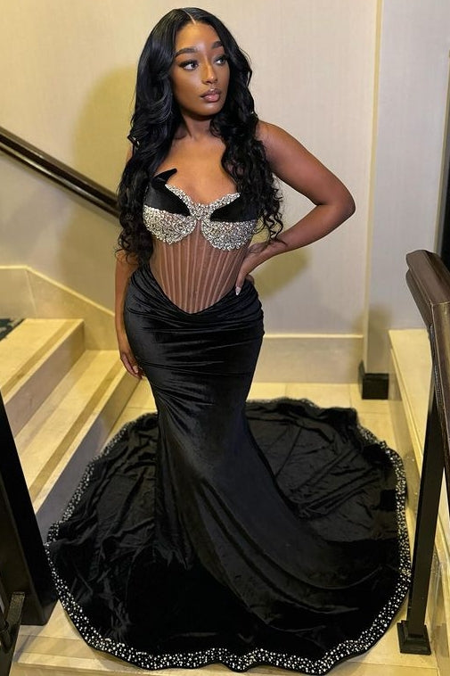 Black Sweetheart Soft Satin Mermaid Prom Dress with Beadings