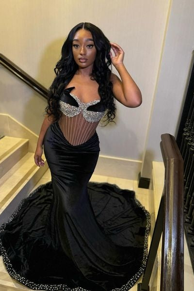 Black Sweetheart Soft Satin Mermaid Prom Dress with Beadings