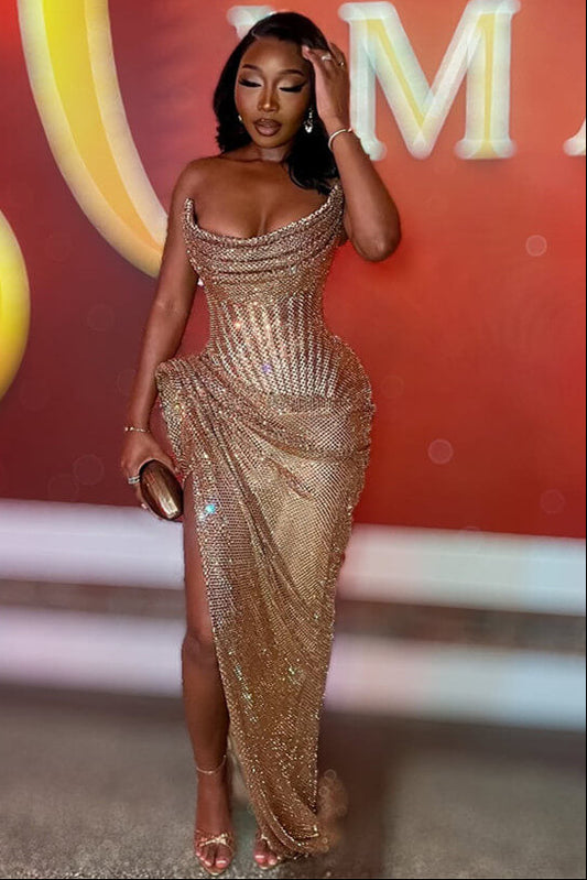 Fashion Strapless Sleeveless High Split Prom Dress