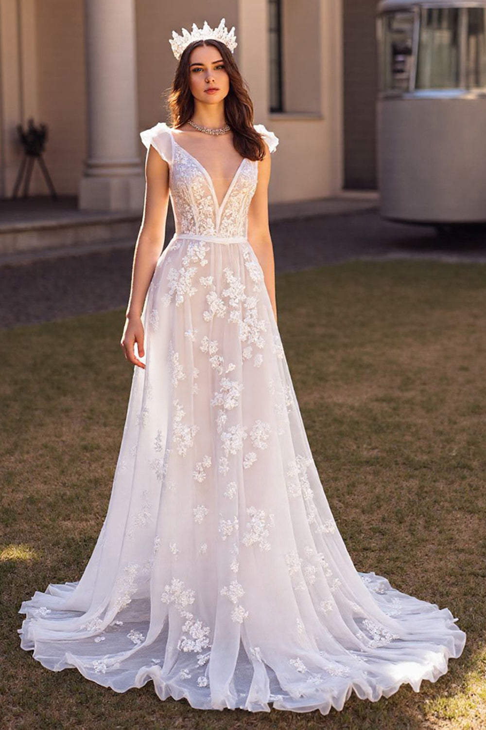 Cap Sleeves V-Neck A-Line Wedding Dress